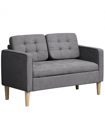 HOMCOM Compact Loveseat Sofa 2 Seater Sofa with Storage and Wood Legs Grey