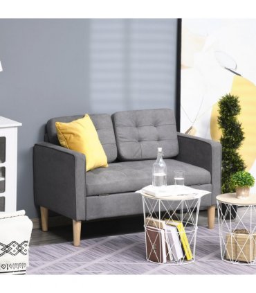 HOMCOM Compact Loveseat Sofa 2 Seater Sofa with Storage and Wood Legs Grey
