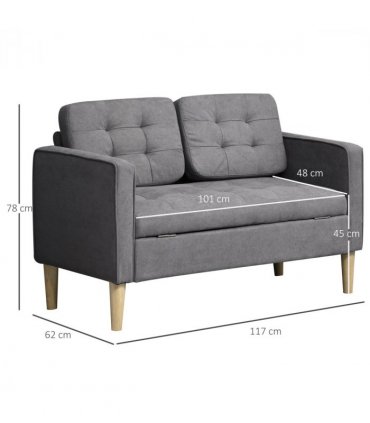 HOMCOM Compact Loveseat Sofa 2 Seater Sofa with Storage and Wood Legs Grey