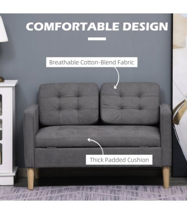 HOMCOM Compact Loveseat Sofa 2 Seater Sofa with Storage and Wood Legs Grey