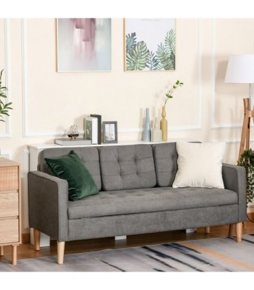 3-Seater Sofa Button-Tufted Fabric Couch with Hidden Storage, Rubberwood Legs