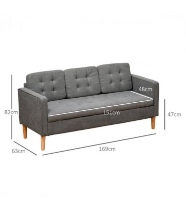 3-Seater Sofa Button-Tufted Fabric Couch with Hidden Storage, Rubberwood Legs