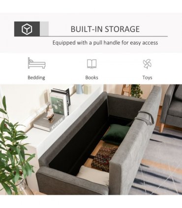3-Seater Sofa Button-Tufted Fabric Couch with Hidden Storage, Rubberwood Legs