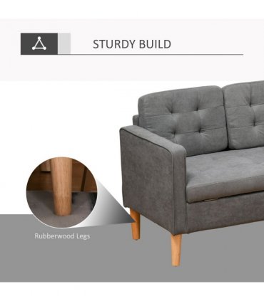 3-Seater Sofa Button-Tufted Fabric Couch with Hidden Storage, Rubberwood Legs