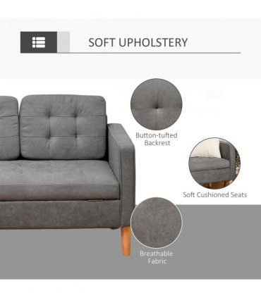 3-Seater Sofa Button-Tufted Fabric Couch with Hidden Storage, Rubberwood Legs