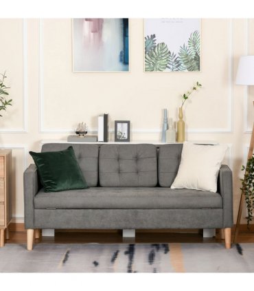 3-Seater Sofa Button-Tufted Fabric Couch with Hidden Storage, Rubberwood Legs