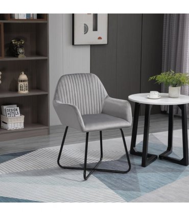 Modern Accent Chair Velvet-Feel Upholstered Lounge Armchair Metal Base Grey