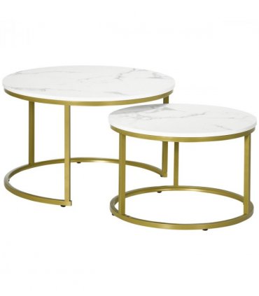 HOMCOM Marble Coffee Table Set of 2, Round Nest of Tables for Living Room