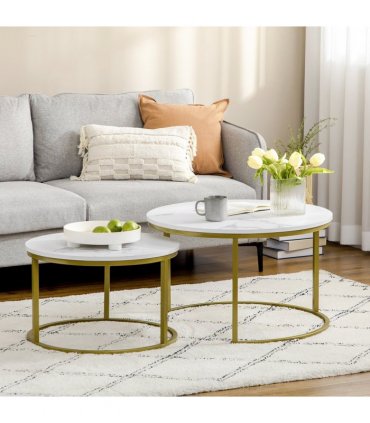 HOMCOM Marble Coffee Table Set of 2, Round Nest of Tables for Living Room