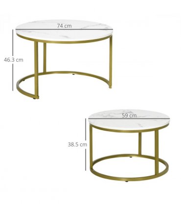 HOMCOM Marble Coffee Table Set of 2, Round Nest of Tables for Living Room
