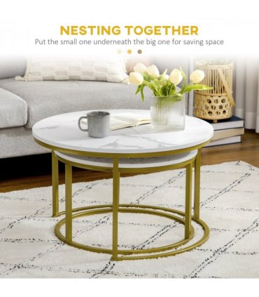 HOMCOM Marble Coffee Table Set of 2, Round Nest of Tables for Living Room