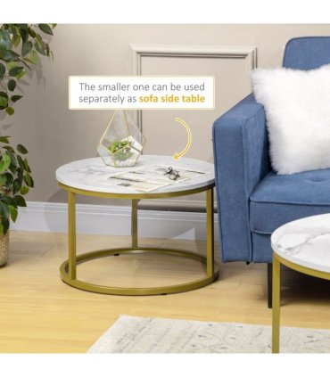 HOMCOM Marble Coffee Table Set of 2, Round Nest of Tables for Living Room