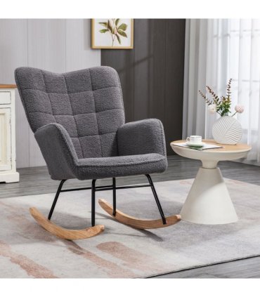 HOMCOM Wingback Rocking Chair for Nursing w/ Steel Frame and Wooden Base Grey