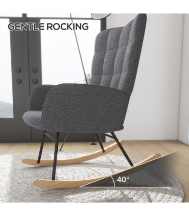 HOMCOM Wingback Rocking Chair for Nursing w/ Steel Frame and Wooden Base Grey