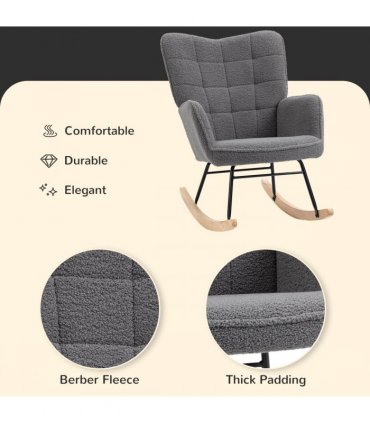 HOMCOM Wingback Rocking Chair for Nursing w/ Steel Frame and Wooden Base Grey