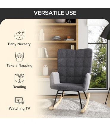 HOMCOM Wingback Rocking Chair for Nursing w/ Steel Frame and Wooden Base Grey