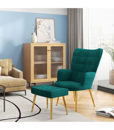 HOMCOM Button Tufted Armchair with Footstool and Gold Tone Steel Legs Dark Green