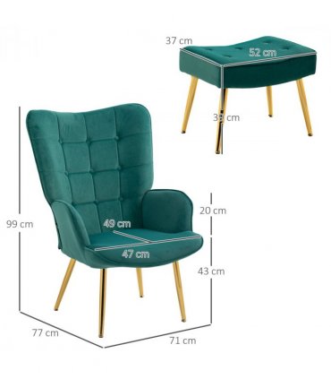 HOMCOM Button Tufted Armchair with Footstool and Gold Tone Steel Legs Dark Green