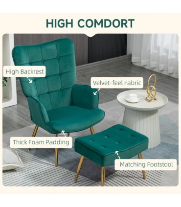 HOMCOM Button Tufted Armchair with Footstool and Gold Tone Steel Legs Dark Green