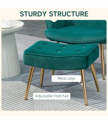 HOMCOM Button Tufted Armchair with Footstool and Gold Tone Steel Legs Dark Green