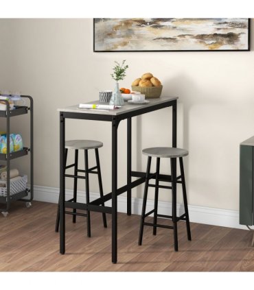 HOMCOM 3 Piece Bar Set, Industrial Kitchen and Chair Set for Small Space, Grey
