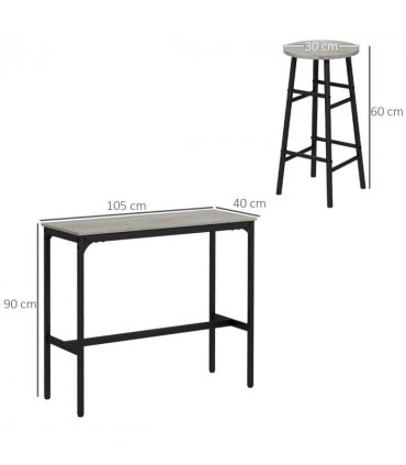 HOMCOM 3 Piece Bar Set, Industrial Kitchen and Chair Set for Small Space, Grey