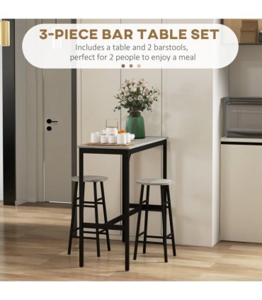 HOMCOM 3 Piece Bar Set, Industrial Kitchen and Chair Set for Small Space, Grey