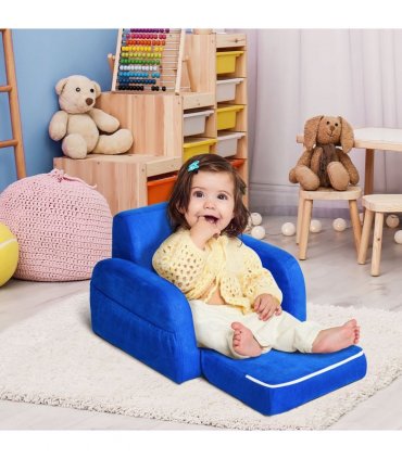 Kids Sofa Armchair Chair Blue Wood Flannel Foam 2 In 1 Fold Out Baby Bed Couch