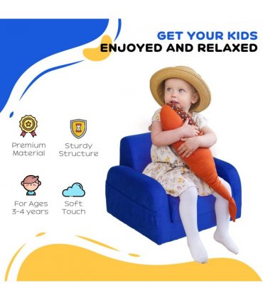 Kids Sofa Armchair Chair Blue Wood Flannel Foam 2 In 1 Fold Out Baby Bed Couch