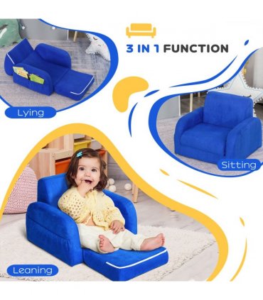 Kids Sofa Armchair Chair Blue Wood Flannel Foam 2 In 1 Fold Out Baby Bed Couch
