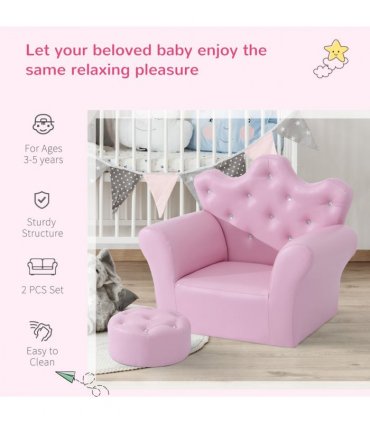 Children Kids Sofa Set Armchair Chair Seat With Free Footstool PU Leather Pink