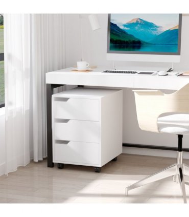 MDF Mobile File Cabinet w/ 3 Drawers Locking Wheels Metal Rails White 40L x 50W