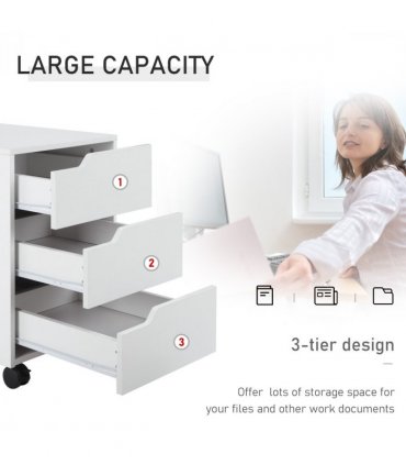 MDF Mobile File Cabinet w/ 3 Drawers Locking Wheels Metal Rails White 40L x 50W