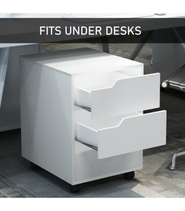 MDF Mobile File Cabinet w/ 3 Drawers Locking Wheels Metal Rails White 40L x 50W