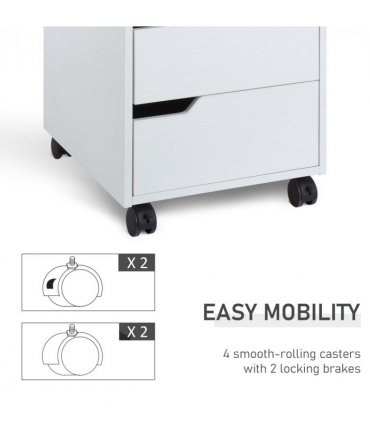 MDF Mobile File Cabinet w/ 3 Drawers Locking Wheels Metal Rails White 40L x 50W