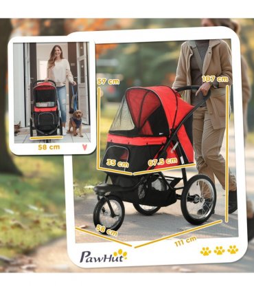 Foldable Pet Stroller Jogger w/ Canopy, Three Wheels, for Medium Dogs - Red