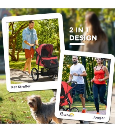 Foldable Pet Stroller Jogger w/ Canopy, Three Wheels, for Medium Dogs - Red
