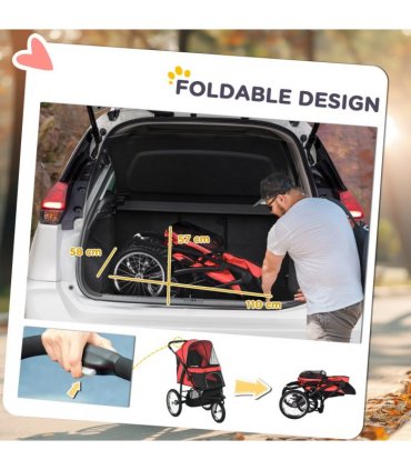 Foldable Pet Stroller Jogger w/ Canopy, Three Wheels, for Medium Dogs - Red