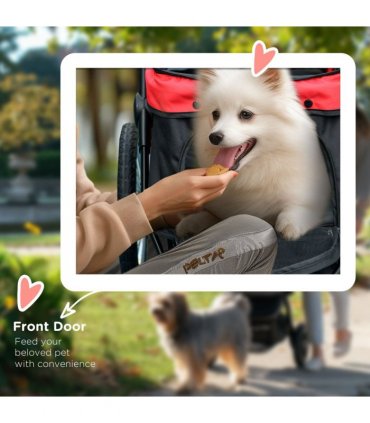 Foldable Pet Stroller Jogger w/ Canopy, Three Wheels, for Medium Dogs - Red