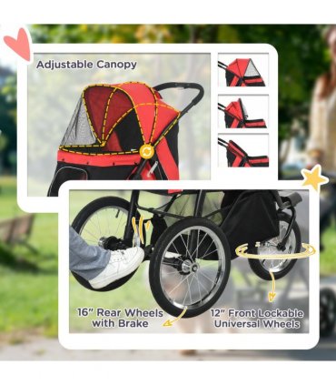 Foldable Pet Stroller Jogger w/ Canopy, Three Wheels, for Medium Dogs - Red