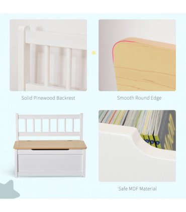 Toy Box - White MDF Pinewood 60L x 30W x 50H cm Kids Seat Bench Storage Chest
