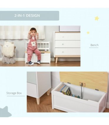 Toy Box - White MDF Pinewood 60L x 30W x 50H cm Kids Seat Bench Storage Chest