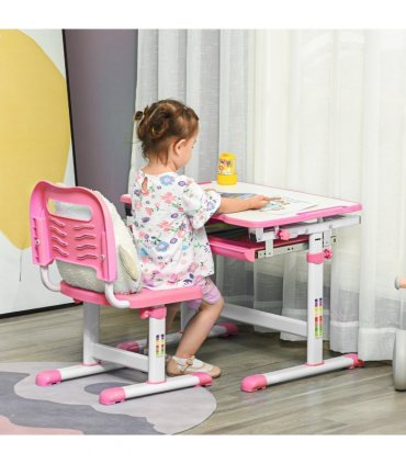 Kids Desk and Chair Set, Height Adjustable Desk with Drawer, Pen Slot, Hook