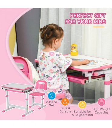 Kids Desk and Chair Set, Height Adjustable Desk with Drawer, Pen Slot, Hook
