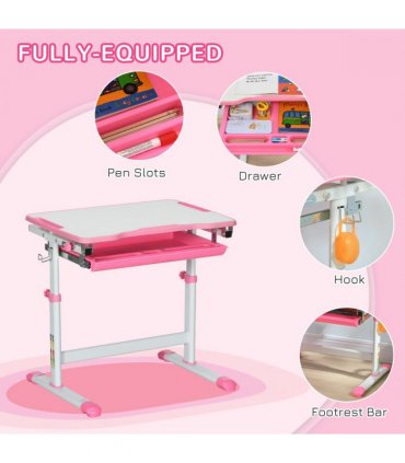 Kids Desk and Chair Set, Height Adjustable Desk with Drawer, Pen Slot, Hook