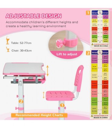 Kids Desk and Chair Set, Height Adjustable Desk with Drawer, Pen Slot, Hook