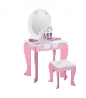 Kids Dressing Table, Girls Vanity Set w/ Mirror and Stool, Unicorn-Designed