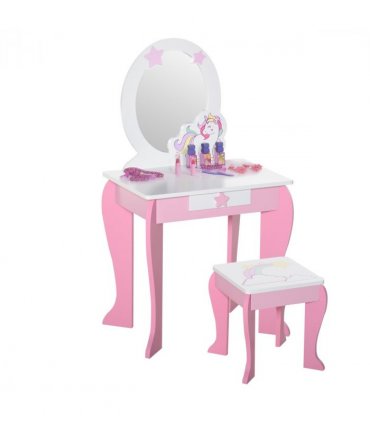 Kids Dressing Table, Girls Vanity Set w/ Mirror and Stool, Unicorn-Designed