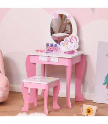 Kids Dressing Table, Girls Vanity Set w/ Mirror and Stool, Unicorn-Designed