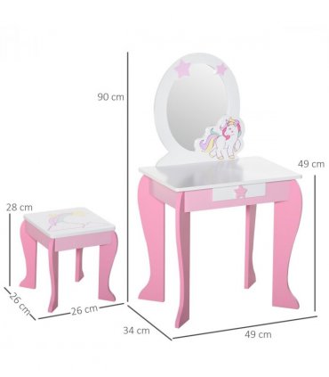 Kids Dressing Table, Girls Vanity Set w/ Mirror and Stool, Unicorn-Designed